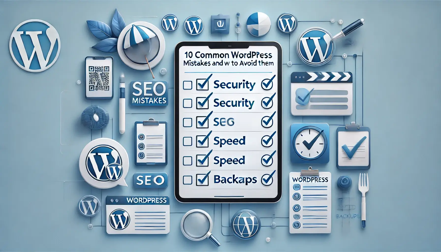 Tablet displaying a checklist, with icons around it representing security, SEO, speed, and backups.