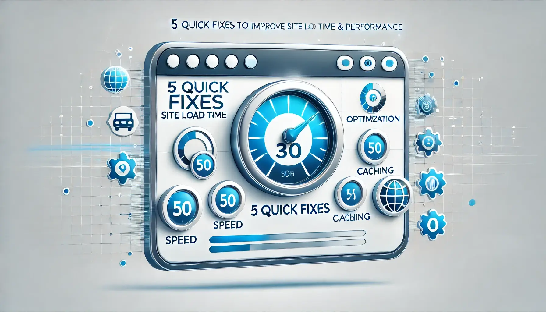 Laptop with performance metrics and speed icons surrounding it, symbolizing site optimization and faster load times.