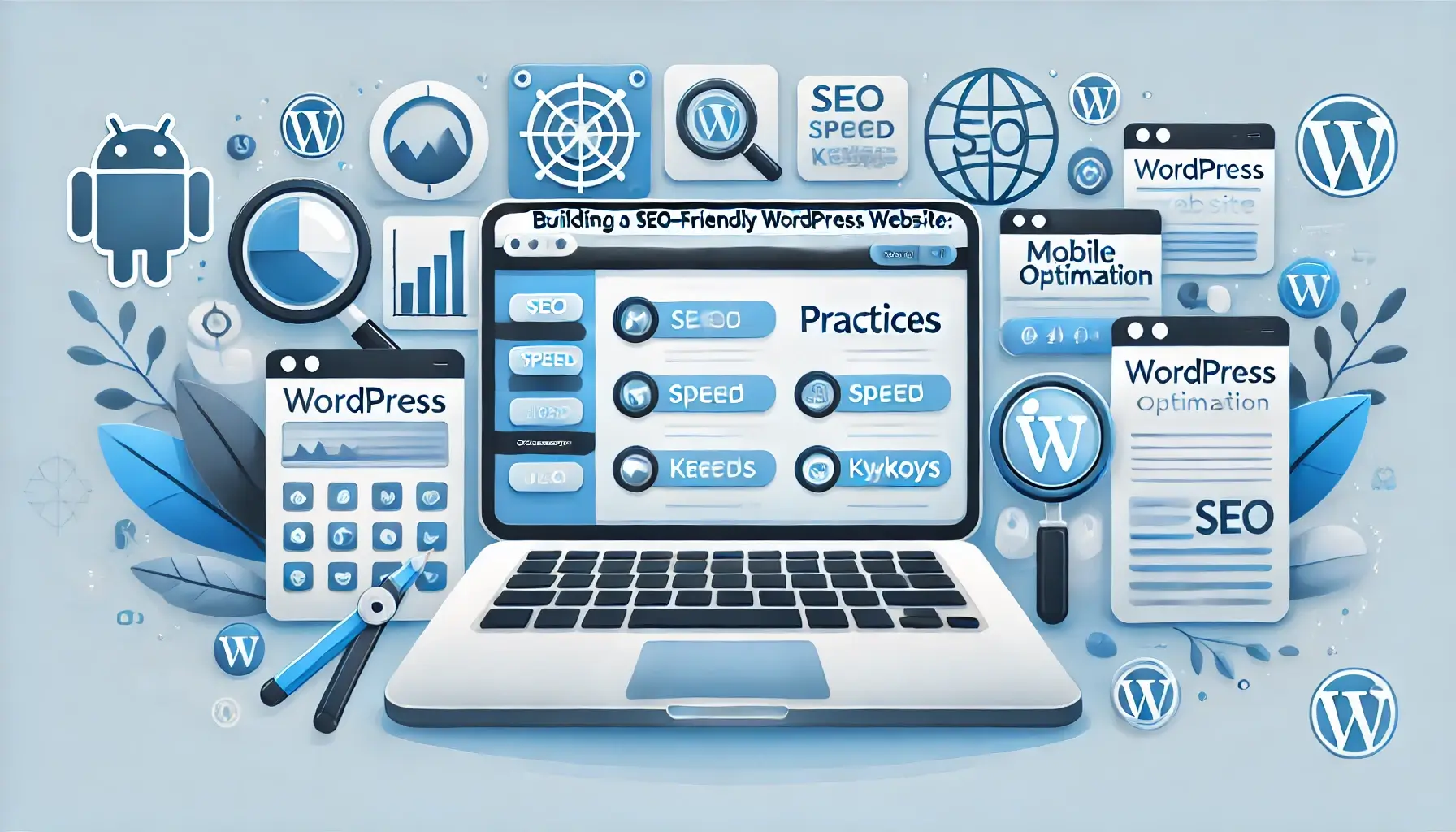 Laptop with WordPress dashboard open, surrounded by SEO metrics icons like search rankings, speed, keywords, and mobile optimization.