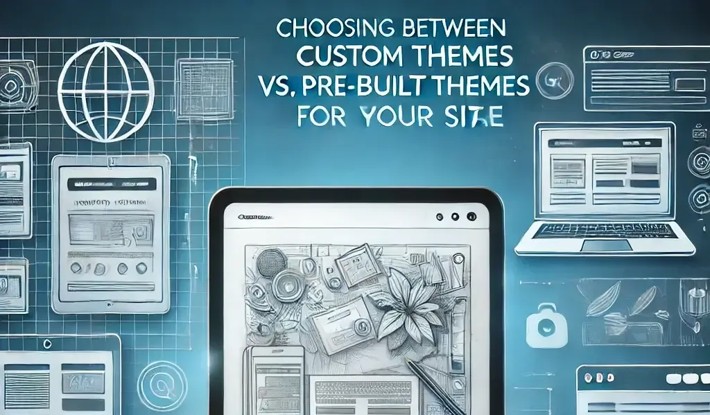 Split-screen image of a website design sketch on a tablet and multiple website templates on a laptop, representing custom vs. pre-built themes.