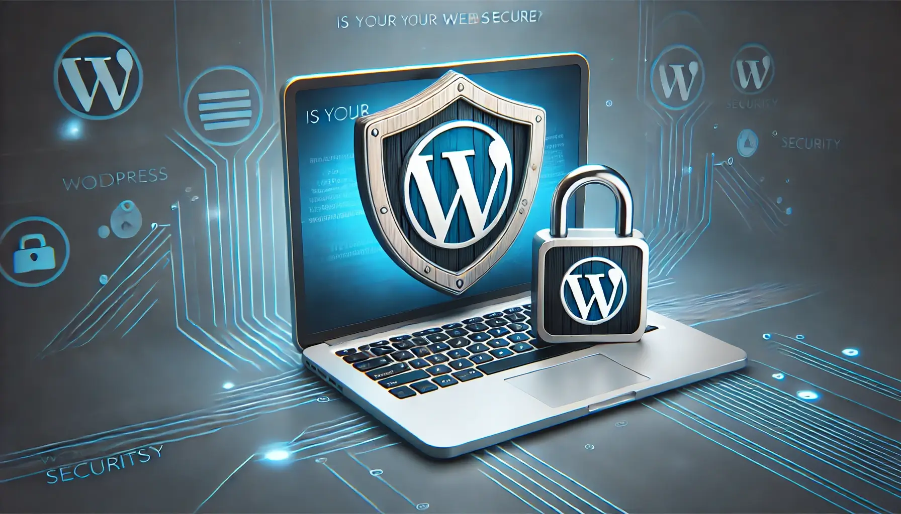 Shield icon and padlock overlay on a laptop screen displaying the WordPress logo, symbolizing website security.