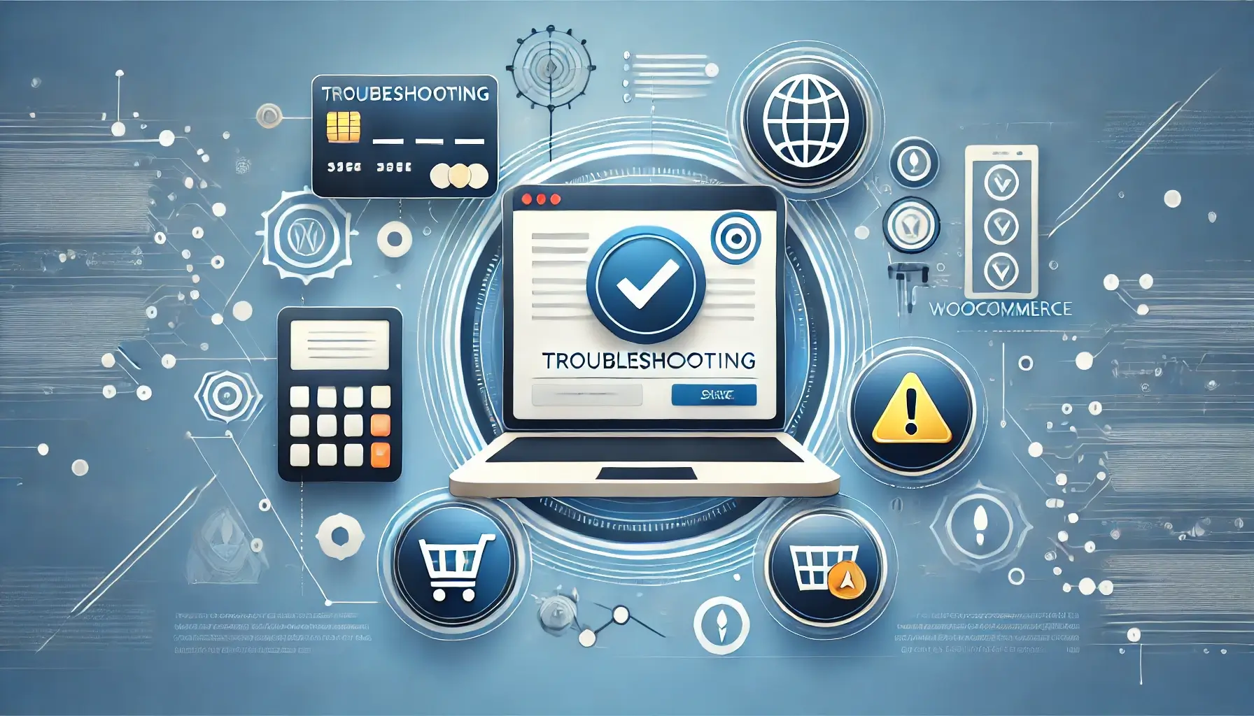 Laptop screen with a WooCommerce dashboard and warning symbol, surrounded by payment method and troubleshooting icons.